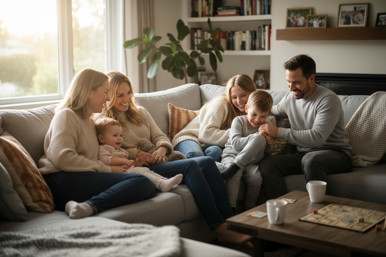 Family in couch watching something but just show the family in the couch 